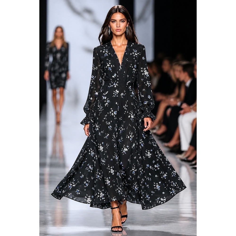 Floral V-Neck Maxi Dress Black Long Sleeve Ruffle Cuff A-Line Size Medium Used